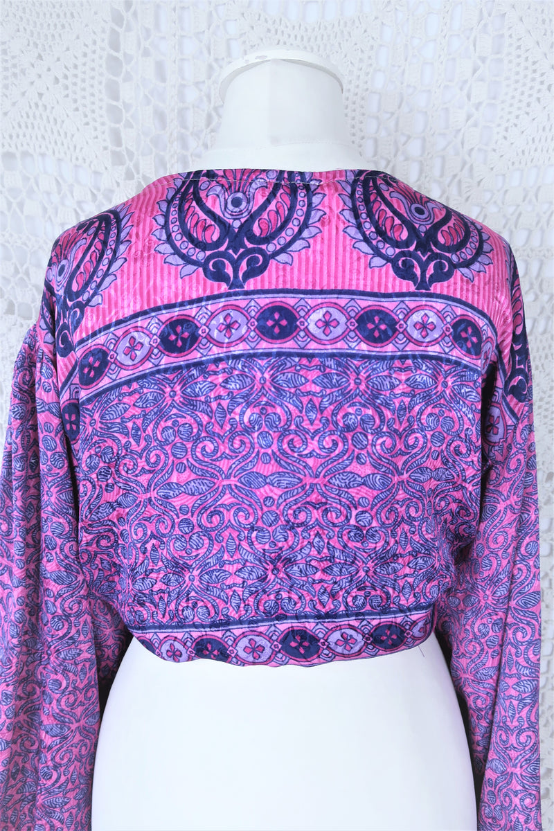 Lola Bohemian Wrap Top - Vintage Indian Sari - Pink & Sapphire Shimmering Paisley - XL/XXL