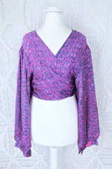 Lola Bohemian Wrap Top - Vintage Indian Sari - Pink & Sapphire Shimmering Paisley - XL/XXL