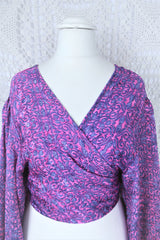 Lola Bohemian Wrap Top - Vintage Indian Sari - Pink & Sapphire Shimmering Paisley - XL/XXL