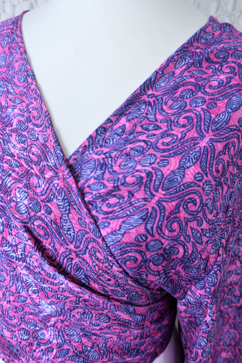 Lola Bohemian Wrap Top - Vintage Indian Sari - Pink & Sapphire Shimmering Paisley - XL/XXL