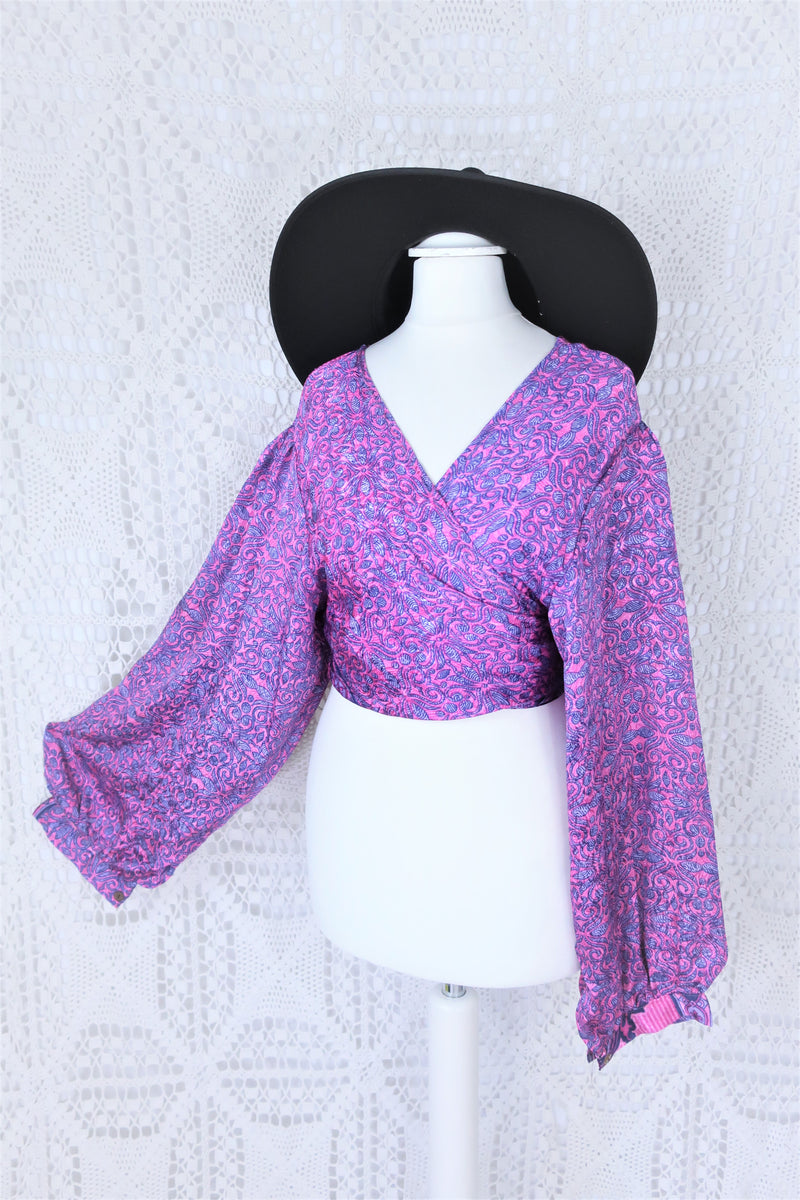 Lola Bohemian Wrap Top - Vintage Indian Sari - Pink & Sapphire Shimmering Paisley - XL/XXL