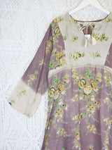 Moonflower Mini Kaftan - Vintage Cotton Sari - Mink & Cream Floral - Size M