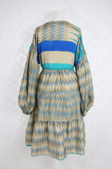 Gypsophila Mini Dress - Vintage Indian Sari - Gold & Sea Blue Graphic - S/M