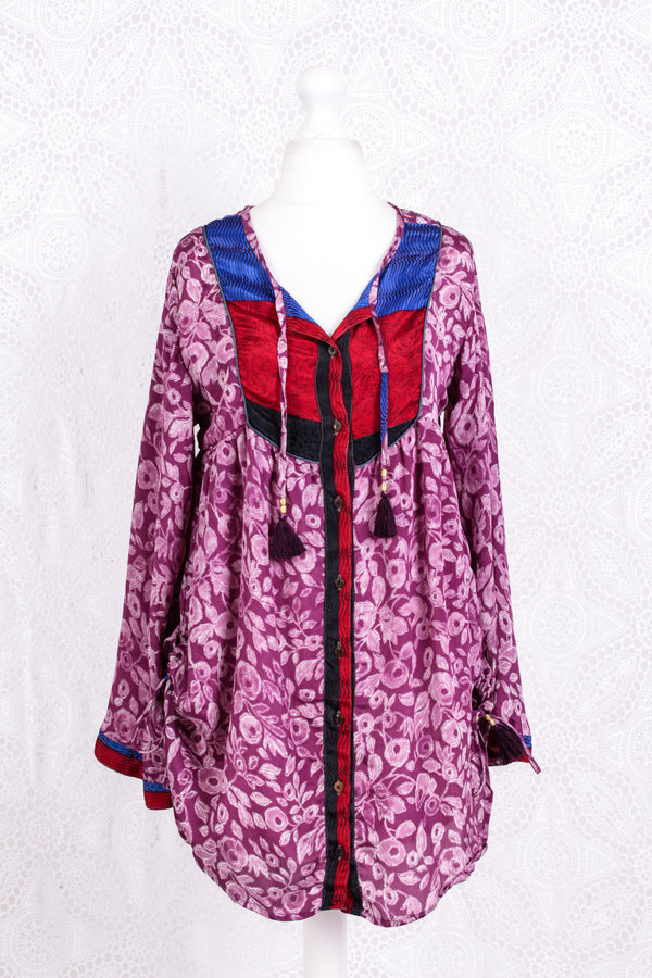 Jude Tunic Top - Vintage Indian Sari - Mauve Magenta Floral (S/M)