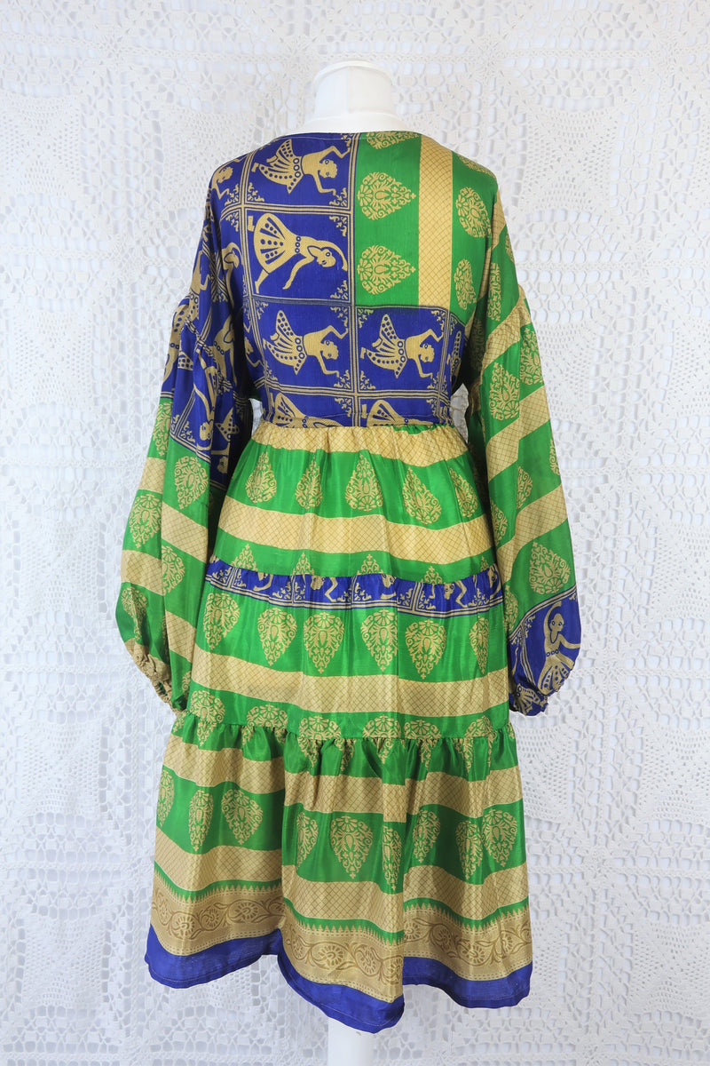Gypsophila Mini Dress - Vintage Indian Sari - Green, Navy & Gold - Free Size
