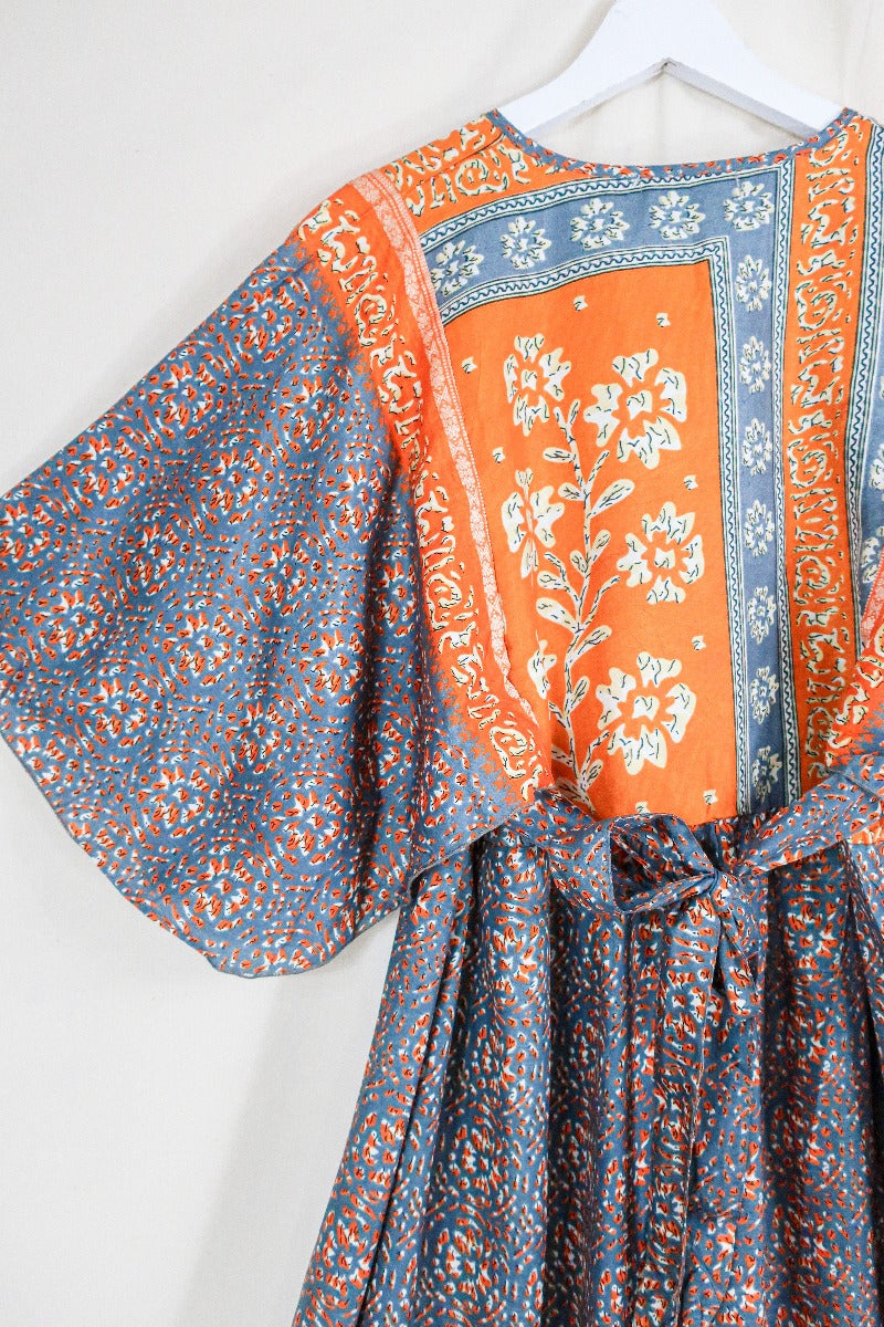 Angelica Maxi Dress - Vintage Sari - Slate & Nectarine Motif - Free Size S/M By All About Audrey