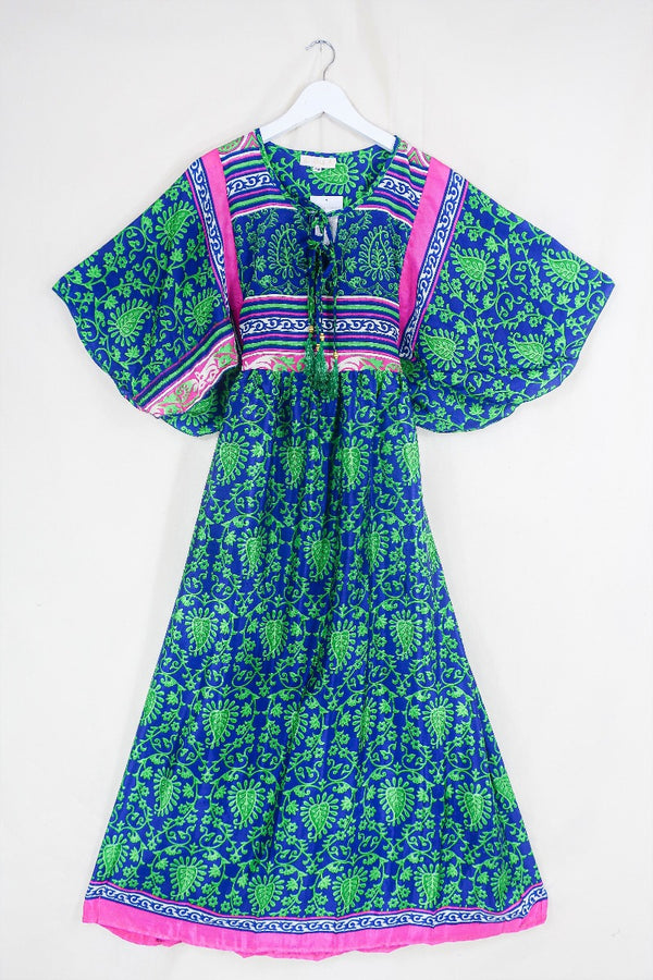 Angelica Maxi Dress - Vintage Sari - Sapphire & Lime Vines - Free Size S/M By All About Audrey