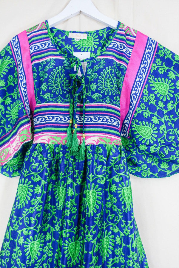 Angelica Maxi Dress - Vintage Sari - Sapphire & Lime Vines - Free Size S/M By All About Audrey