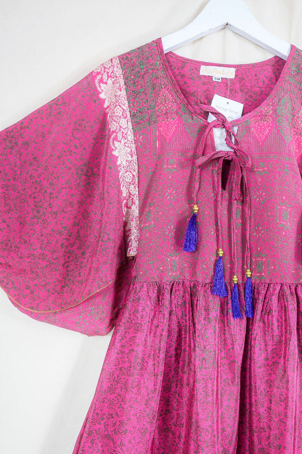 Angelica Maxi Dress - Vintage Sari - Rouge Pink with Silver Embroidery - Free Size S/M By All About Audrey