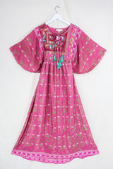 Angelica Maxi Dress - Vintage Sari - Embroidered Jewel Pink - Free Size S/M By All About Audrey