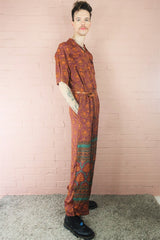 Billie Jumpsuit - Vintage Indian Sari - Burgundy & Orange Funky Leaf Print - S/M