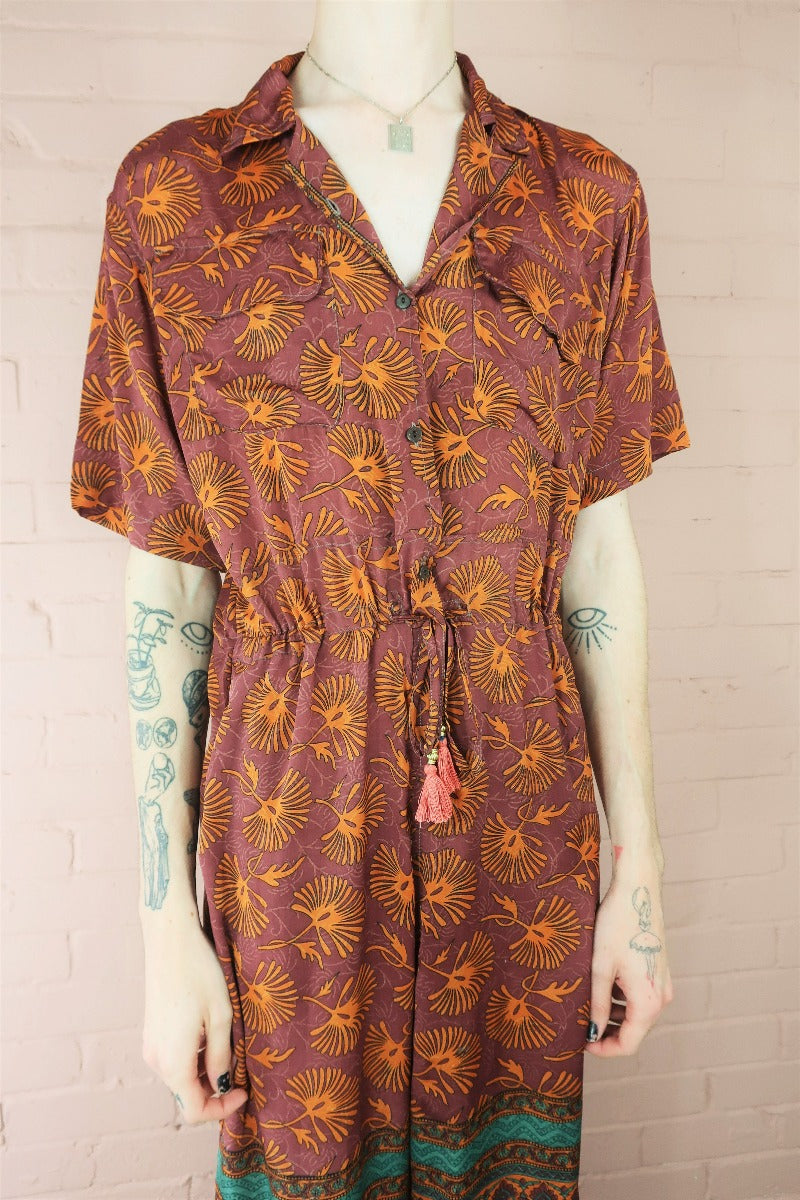 Billie Jumpsuit - Vintage Indian Sari - Burgundy & Orange Funky Leaf Print - S/M