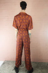 Billie Jumpsuit - Vintage Indian Sari - Burgundy & Orange Funky Leaf Print - S/M