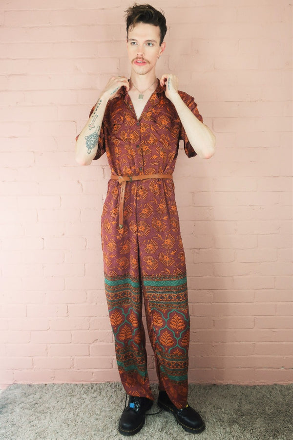 Billie Jumpsuit - Vintage Indian Sari - Burgundy & Orange Funky Leaf Print - S/M