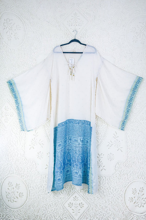 Cassandra Maxi Kaftan -Snowflake Angel in Powder Blue and Crème - Vintage Sari - Size L/XL- By All About Audrey. 