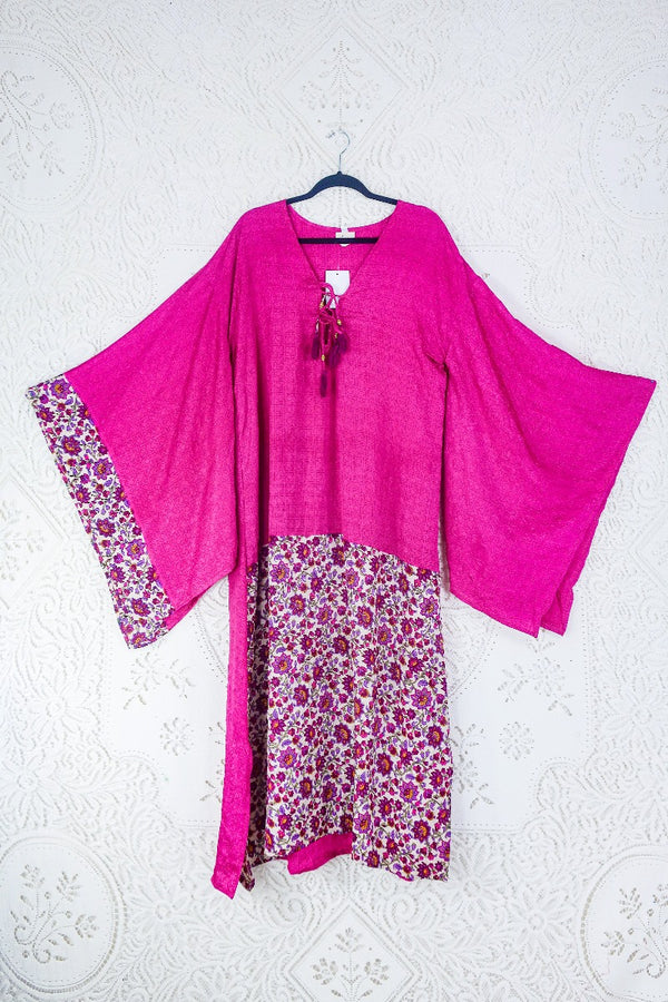 Cassandra Maxi Kaftan - Magenta Floral Tile Jacquard - Vintage Sari - Size L/XL. By all About Audrey. 