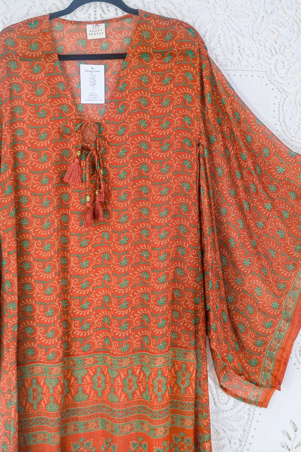 Cassandra Maxi Kaftan - Burnt Orange & Jade Vine Print - Vintage Sari - Size S/M By All About Audrey