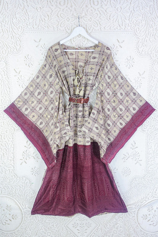 Cassandra Maxi Kaftan - Macramé beige & Mulberry Ornate Tile - Vintage Sari - Size M/L By All About Audrey