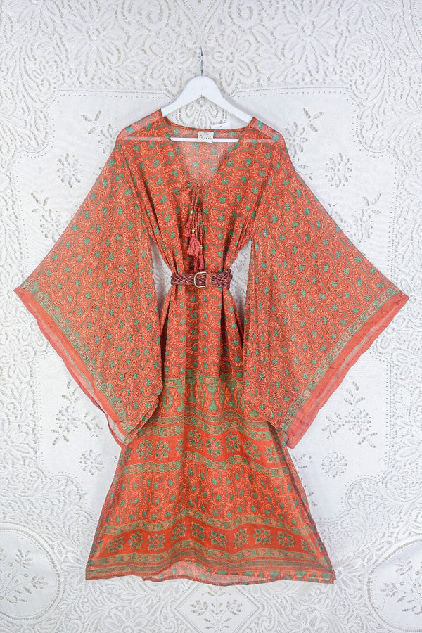 Cassandra Maxi Kaftan - Burnt Orange & Jade Vine Print - Vintage Sari - Size S/M By All About Audrey