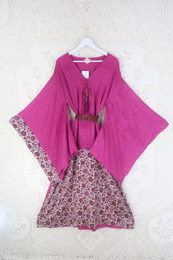 Cassandra Maxi Kaftan - Magenta Floral Tile Jacquard - Vintage Sari - Size L/XL. By all About Audrey.