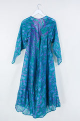 Goddess Dress - Emerald and Violet Patchwork Tile - Indian Pure Silk Sari - Free Size By All About Audrey