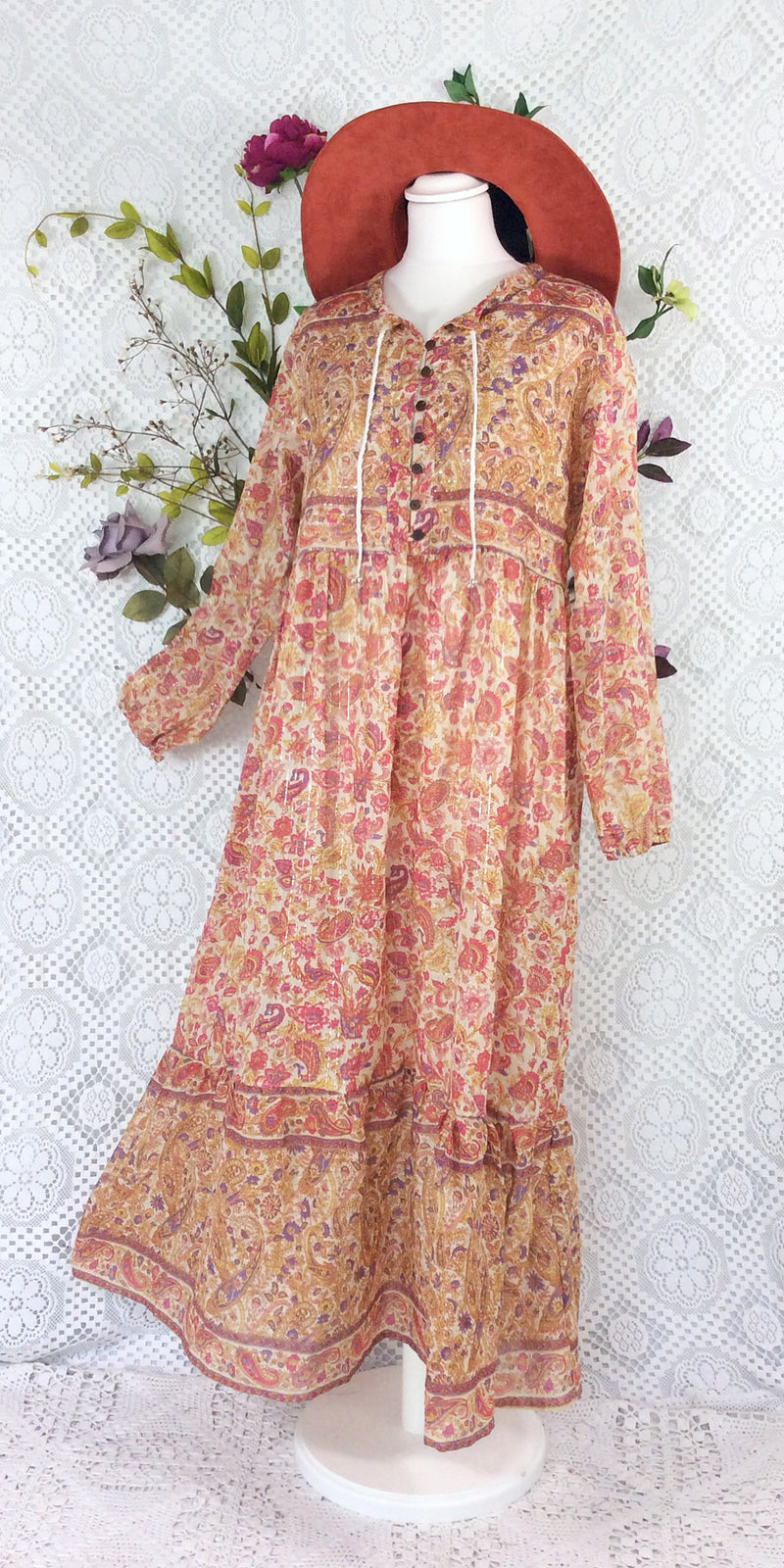 Florence Dress - Sparkly Indian Cotton Smock Dress - Pink Cream & Mauve - Size XL