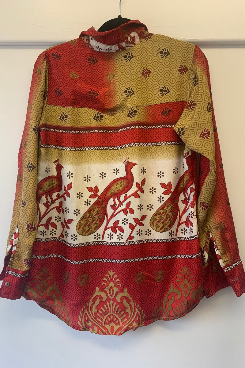 Clyde Shirt - Gold & Scarlet Red Bird Print - Vintage Indian Sari - S/M By All About Audrey