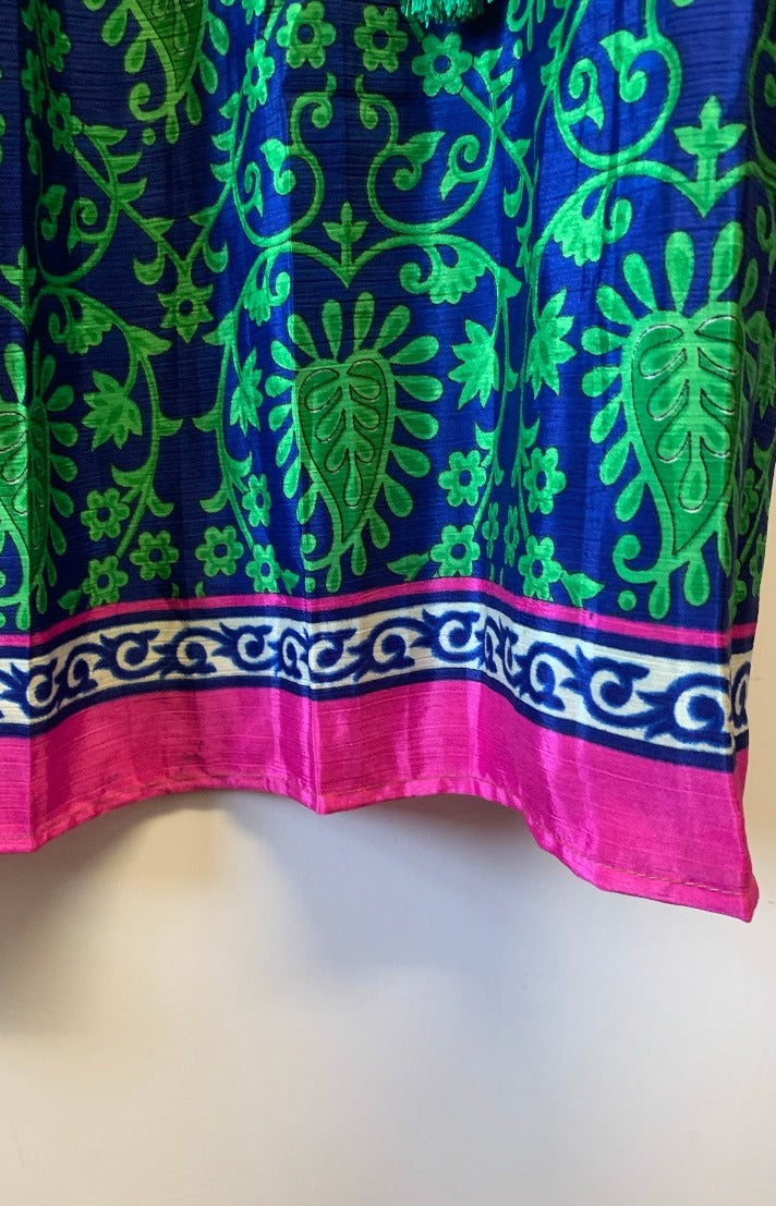 Angelica Maxi Dress - Vintage Sari - Sapphire & Lime Vines - Free Size S/M