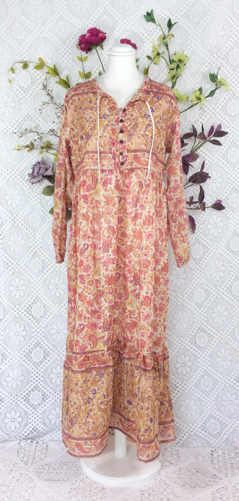 Florence Dress - Sparkly Indian Cotton Smock Dress - Pink Cream & Mauve - Size XL