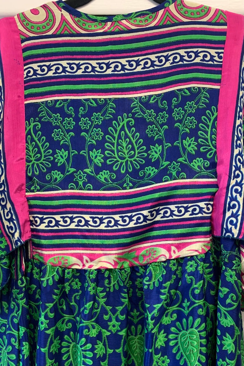 Angelica Maxi Dress - Vintage Sari - Sapphire & Lime Vines - Free Size S/M