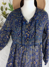 SALE Florence Dress - Sparkly Indian Cotton Smock Dress - Midnight Blue & Sage - Size S/M