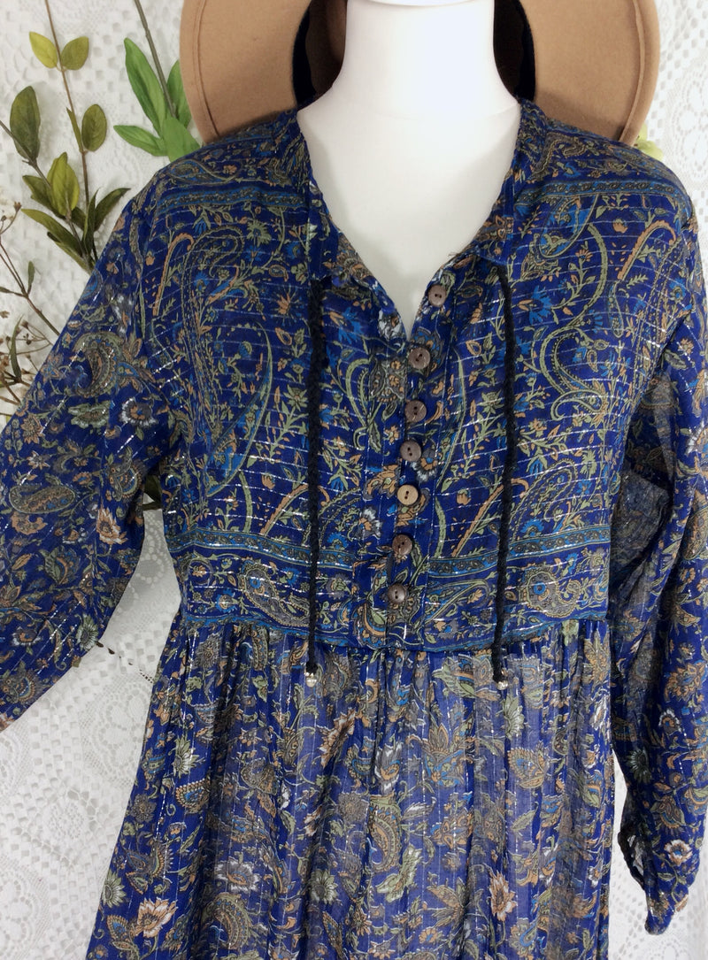 SALE Florence Dress - Sparkly Indian Cotton Smock Dress - Midnight Blue & Sage - Size XS