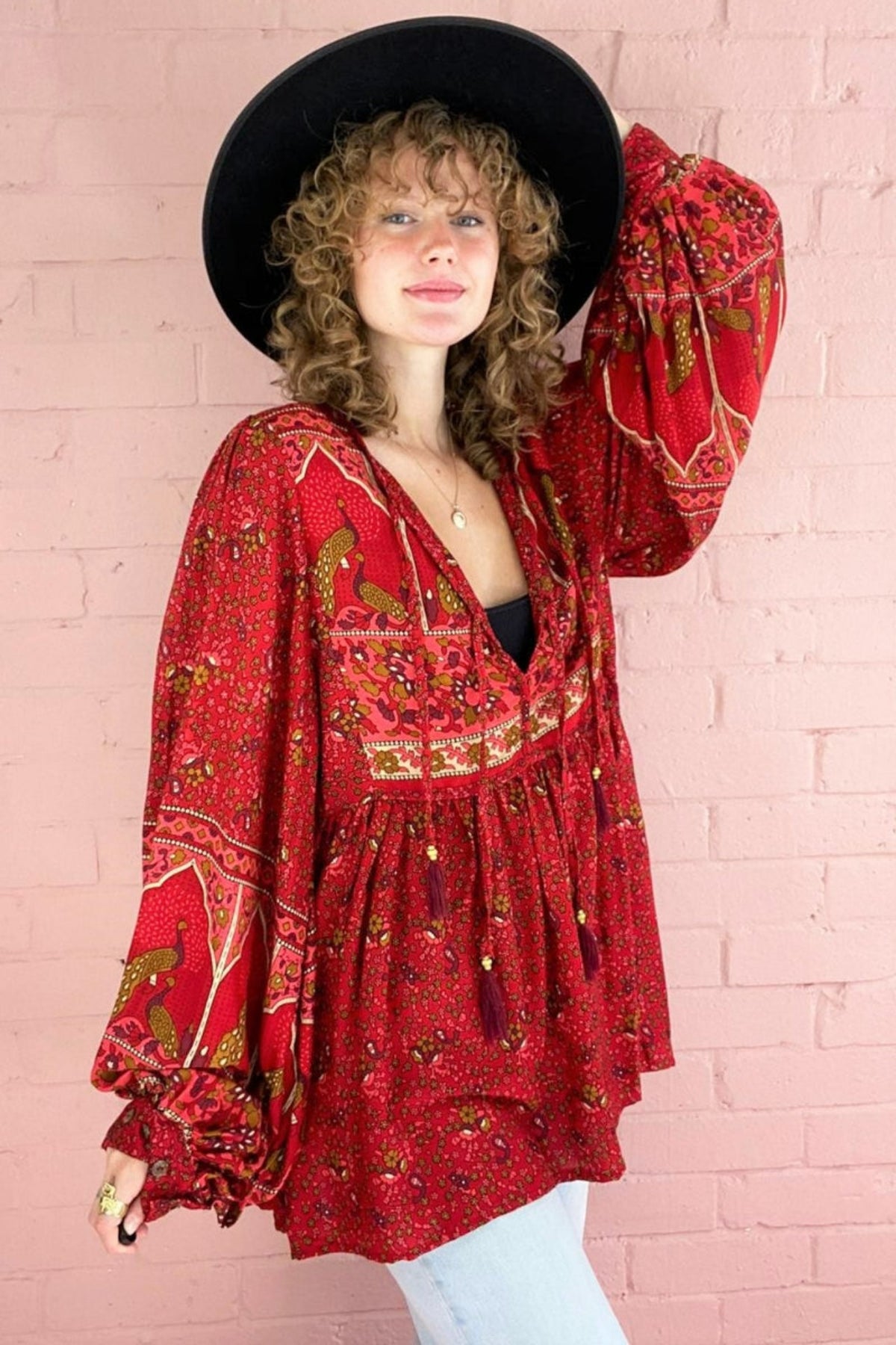 Peacock Prairie Red Smock Top Vintage Boho Tops All About Audrey All About Audrey Vintage Boutique